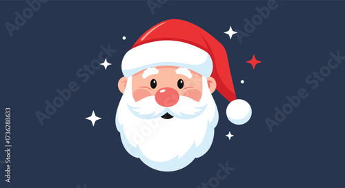 A jolly santa claus face with a red hat and twinkling stars around him.