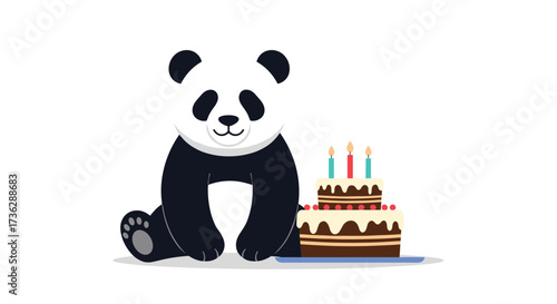 A cute panda sits next to a birthday cake with lit candles.
