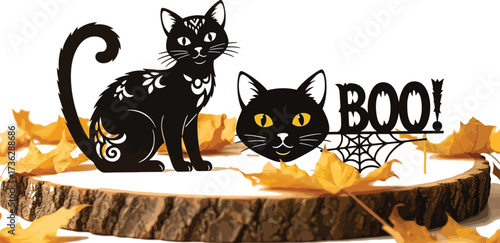 Two black cats and a boo sign on a wood slice with fall leaves decoration