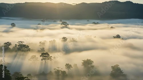 Foggy landscape, fog moving near the ground through the trees at dawn  