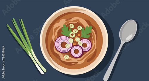 A comforting bowl of stew with fresh herbs and vegetables.