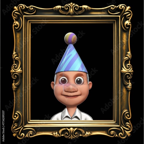 Spooky haunted portrait in an ornate frame, its eyes playfully cartoonishly follow the viewer, hinting at a whimsical subject within.