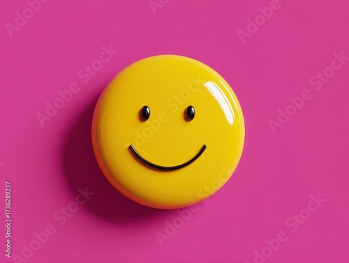 Vibrant Yellow Smiley Face Icon on Bold Fuchsia Background with Subtle Shadow.