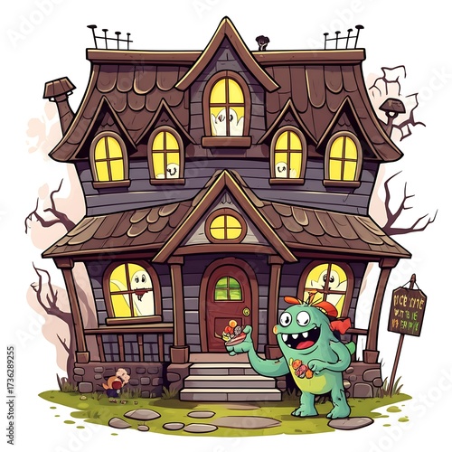 Spooky yet playful haunted house with cartoonish ghosts peeking from windows, featuring a welcome sign with dripping letters and a friendly monster.