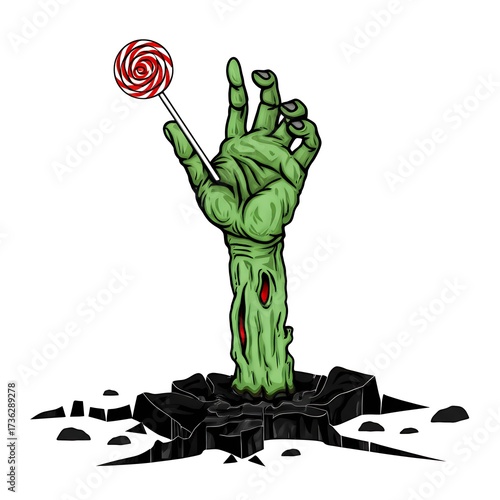 Undead hand emerges from earth, surprisingly holding a vibrant flower and candy, offering a cheerful thumbs-up that subverts horror stereotypes.