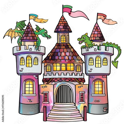 Whimsical candy dream castle, appearing as a fun haunted house, features magical towers, fluttering flags, friendly dragons, and a drawbridge leading to a sweet fantasy world.