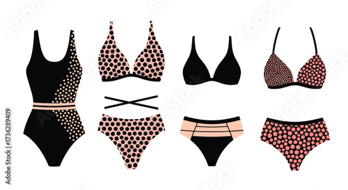 A collection of swimwear items arranged in a grid.
