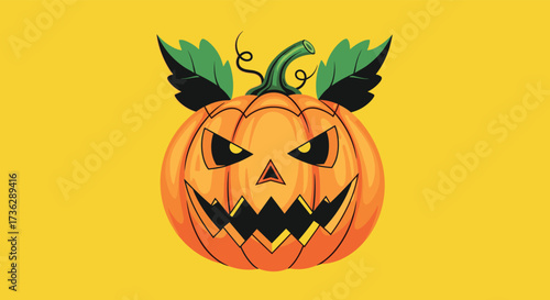 Spooky carved pumpkin with glowing eyes and green leaves.