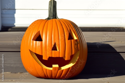 A solitary unlit jack-o-lantern sits on a sunlit doorstep, patiently awaiting the spooky festivities of Halloween night with a quiet sense of anticipation.