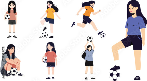 Girl Soccer Player in Various Poses Kicking, Holding, and Relaxing with Ball