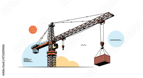 A large tower crane lifts a heavy container at a construction site.