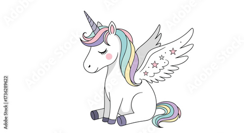 A whimsical winged unicorn with pastel colored mane and tail sits peacefully.