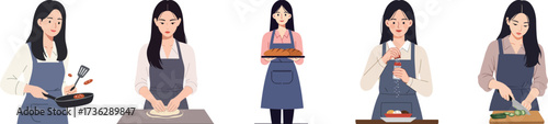 Illustration of a woman preparing food in various kitchen scenarios