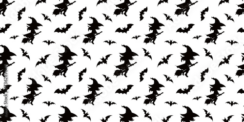 Seamless Halloween pattern with black silhouettes of flying witches on broomsticks and bats
