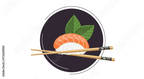 Delicious salmon sushi with chopsticks and green leaves.