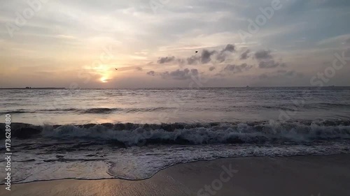 Beautiful Evening Sunset Over the Ocean Waves at Tropical Beach, Serene Seascape Background