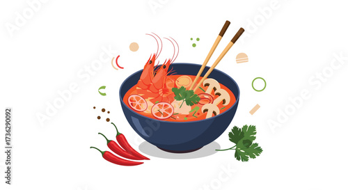 Delicious spicy shrimp soup with chopsticks and chili peppers.
