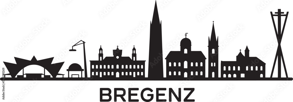 Fototapeta premium Bregenz Austria cityscape silhouette vector art showcasing famous landmarks and architecture