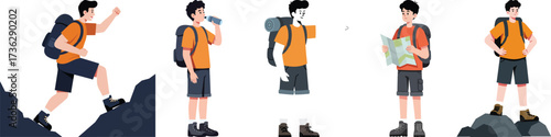 Dynamic illustrations of enthusiastic hikers exploring nature, enjoying active outdoor adventures and trekking trails