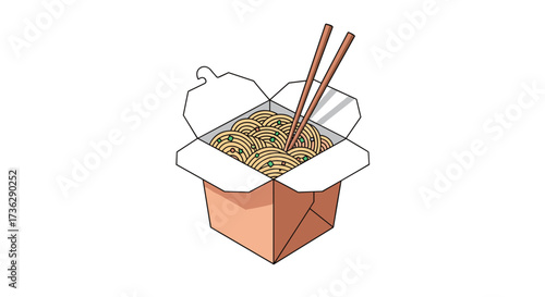A delicious serving of noodles in a take out box with chopsticks rests on a white background.
