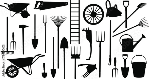 Gardening tools silhouette, shovel, rake, hoe, pitchfork, wheelbarrow, pruning saw, bucket, ladder, farming equipment, black icons, vector set