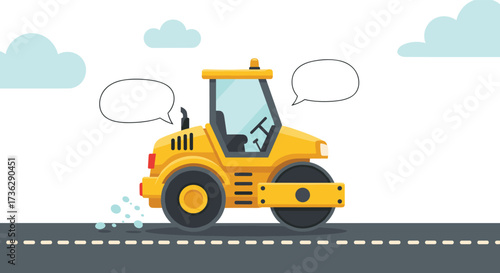 Yellow road roller machine compacting the asphalt surface on a cloudy day.