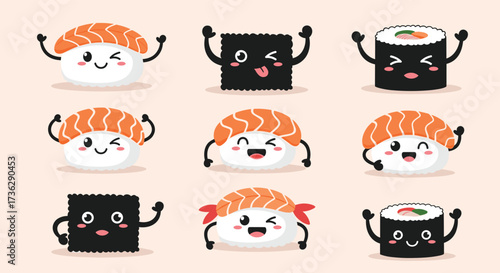 Cute pixel art sushi characters with cheerful expressions and playful poses.