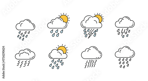 Collection of hand drawn weather forecast icons showing different types of precipitation and sun.