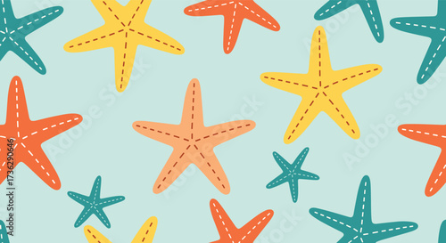 A cheerful background with many colorful starfish scattered across a light blue surface.