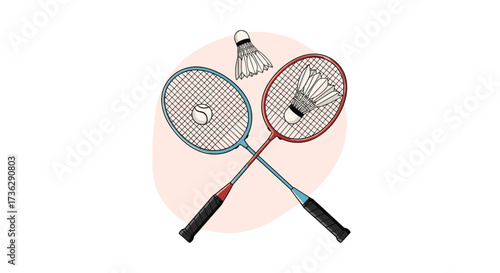 Two crossed badminton rackets and a shuttlecock on a light background.