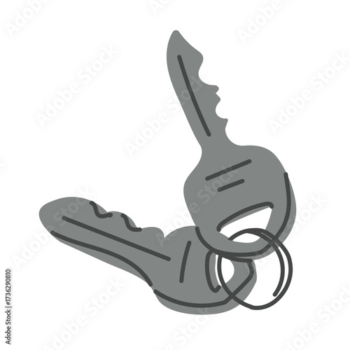 Hand drawn illustration of two metal keys on a keyring in flat style on white background. Concept of access, security, homeownership and personal belongings