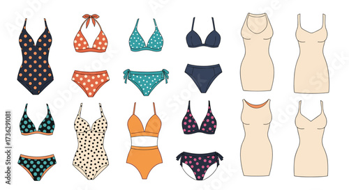 A collection of fashionable swimsuits and dresses for women.