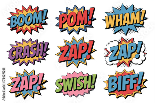 Collection of comic book sound effect words including BOOM, POM, WHAM, CRASH, ZAP, SWISH, and BIFF, rendered in vibrant, starburst-shaped graphics