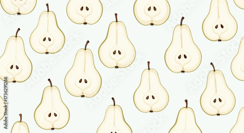 A close up of halved pears arranged in a repeating pattern.