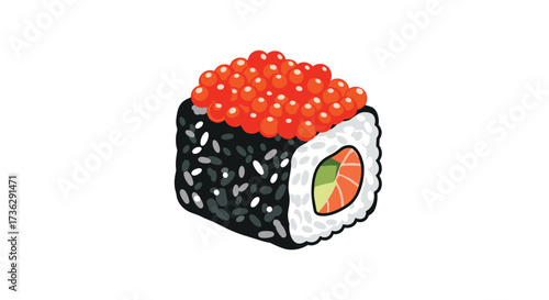A close up of a delicious salmon sushi roll topped with bright orange fish roe.