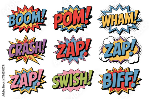 Energetic vector pack of comic book sound effect bursts, perfect for pop art designs, adding dynamic action and a retro feel to any creative project