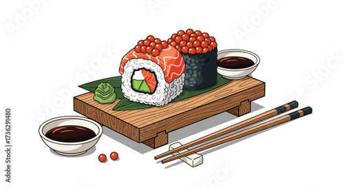 Delicious sushi platter with salmon and roe.