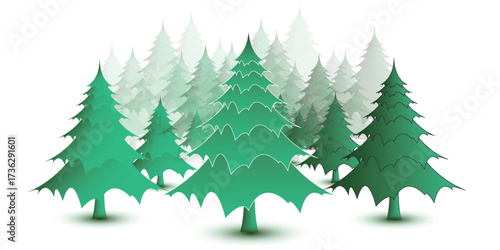Stylized green paper cutout pine trees in a layered forest design with a subtle shadow effect.