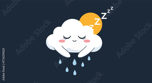 A cute sleeping cloud with raindrops and a sun dreaming.