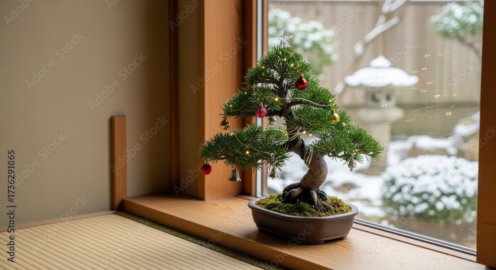 Fototapeta premium Festive bonsai tree with sparkling lights and ornaments brightens cozy window sill with snowy garden view