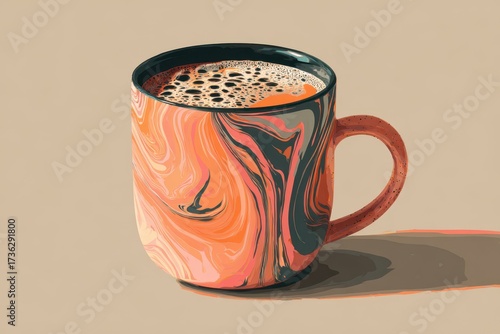 Swirling Orange Mug Filled with Coffee, Dark Rim, Minimalist Background, Soft Shadow.