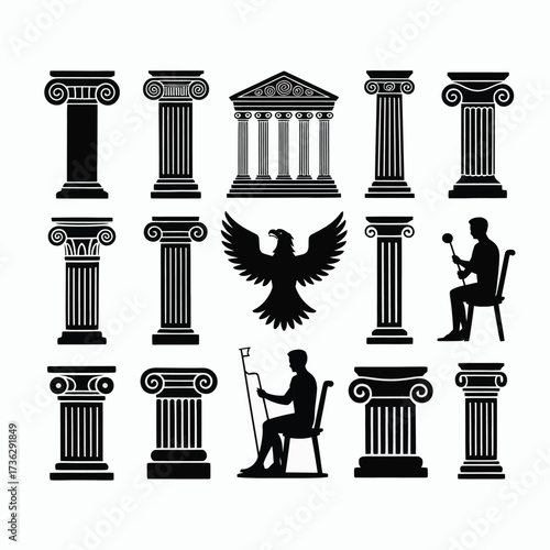 Versatile vector collection showcasing classical ancient Greek and Roman architecture, including various column styles, a majestic temple facade, imperial eagle, and traditional figures in silhouette
