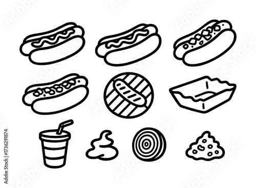 Vector set of hot dogs, snacks, and drink icons in black and white