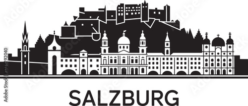 Salzburg Skyline Silhouette Austria Capital City Buildings Flat Design Vector Illustration