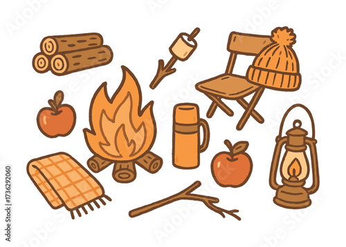 Cozy outdoor camping elements with bonfire, lantern, and autumn accessories
