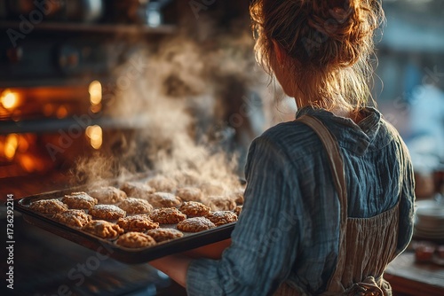 Person in apron taking tray of Christmas cookies from warm glowing oven in upper body shot. Focus on action and steam, with hands naturally cropped.