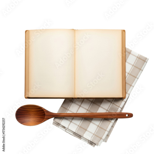 Open vintage cookbook, blank pages, checkered kitchen towel, dark wooden spoon. Flat lay on transparent background, ample copy space, soft studio light, home cooking simplicity.