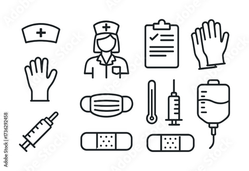 Medical icons set: nurse, syringe, gloves, mask, thermometer, bandage, iv bag