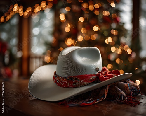 A vintage cowboy hat with a red scarf rests before a christmas tree