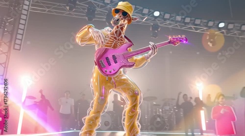 Stylish Transparent Giraffe Playing Guitar with Neon Lights